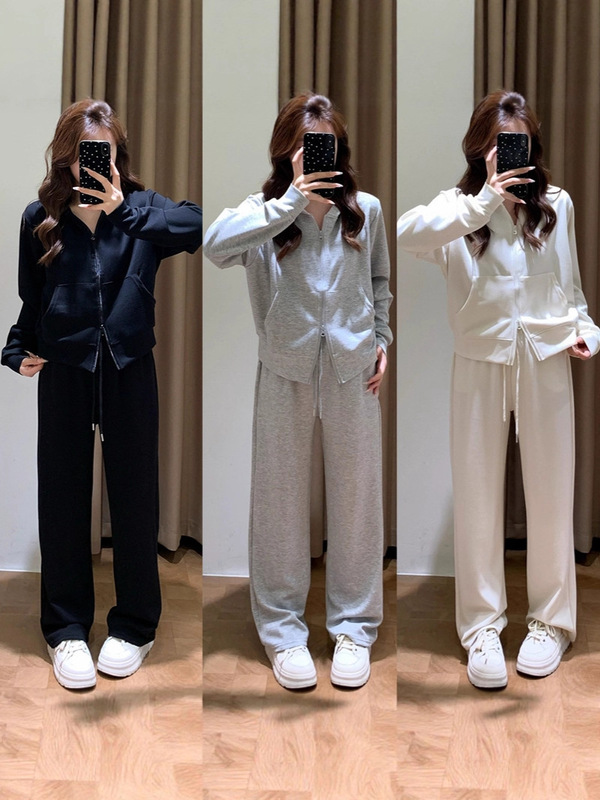 运动休闲风基础Q弹双拉链短卫衣外套+高腰阔腿卫裤2件套装女秋季|undefined
