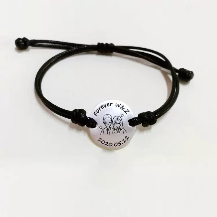 跨境热销不锈钢刻字弯牌圆片手链个性DIY手工编织logo图案手绳欧