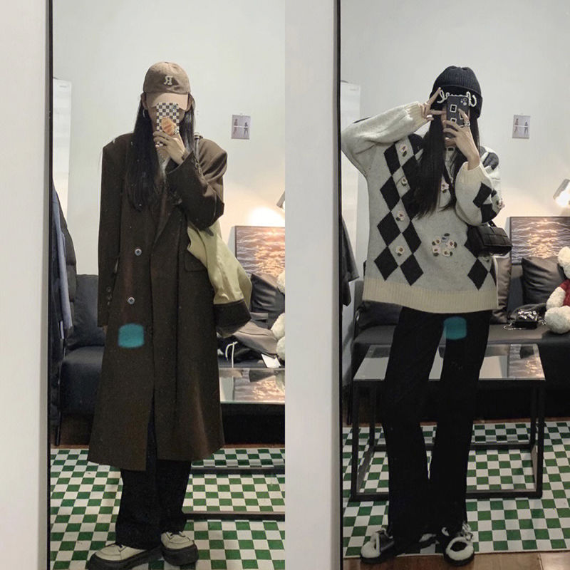 美拉德中长款过膝毛呢外套女高个子洋气韩系秋冬加绒加厚呢子大衣