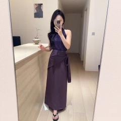 不退换E9638御姐轻熟风紫色挂脖针织背心绑带掐腰半身裙套装女