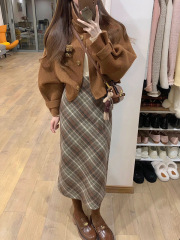 大码咖色格纹半身裙女2025秋季新款微胖mm高腰显瘦开叉a字裙子