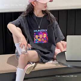 K-POP猎魔女团短袖T恤女童夏装复古做旧打底衫中大儿童洋气亲子装
