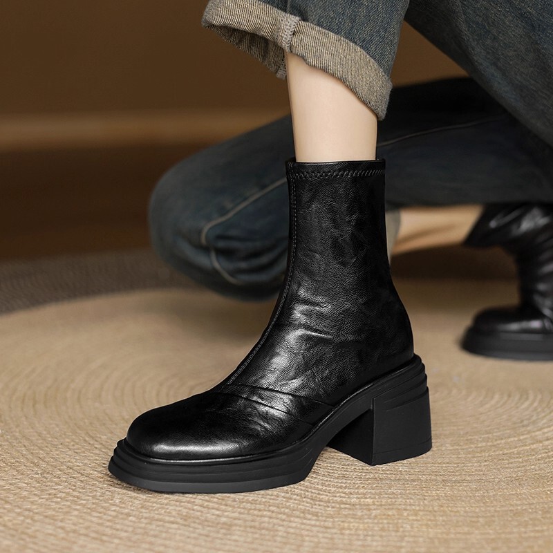 Autumn and Winter Fleece-Lined Thick-Soled Short Boots for Women, New Retro Style with 6cm Chunky Heel, Elastic Boots That Make Legs Look Slimmer, High-Heeled, Slim-Fit Short Boots