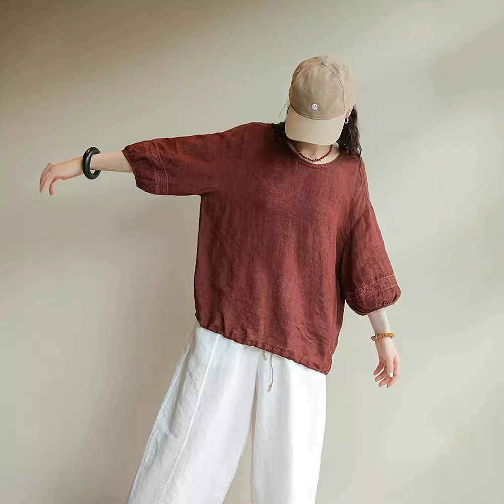 2024 Новый весенний и летний льняный круглый воротник с рукавами из семи точек