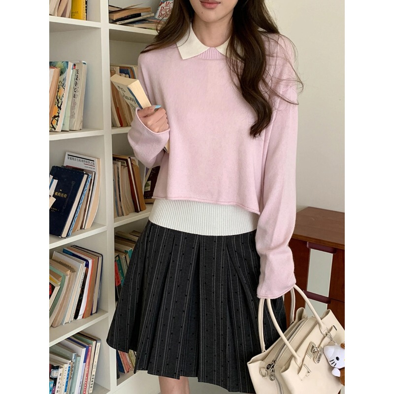 3th Morning Autumn New Korean Style Layered Collared Vest Knit Sweater Two-Piece Set ZY4430