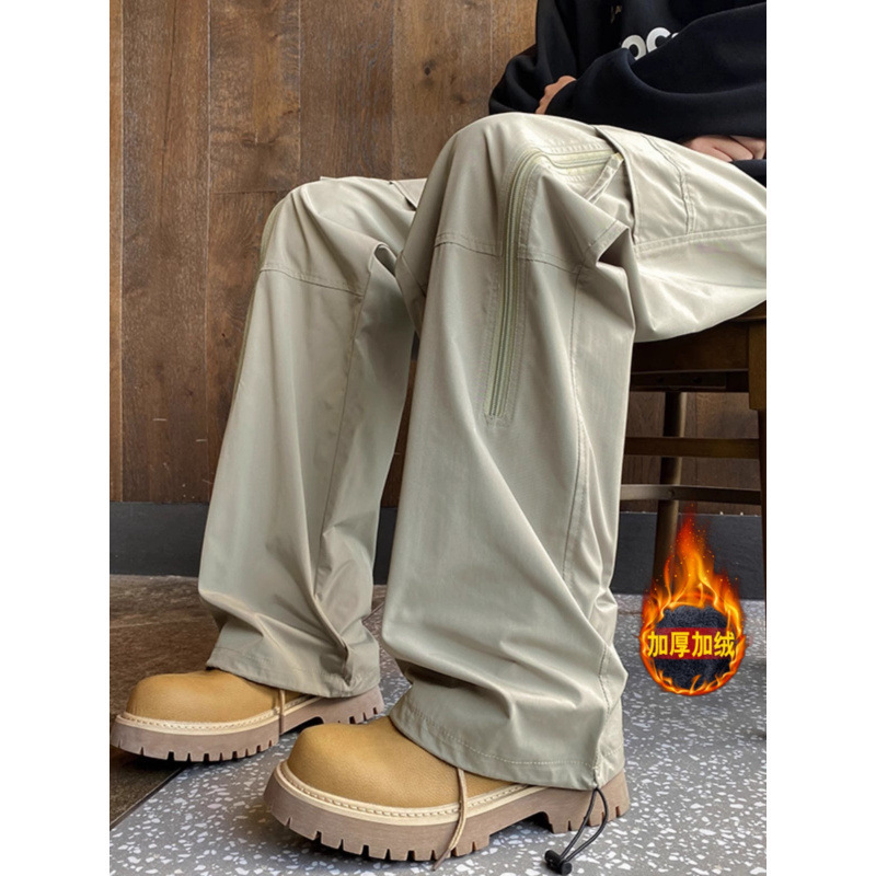 American Style Black Crock Pants Men's Autumn and Winter Small fleece-lined Thickened Pants Waterproof Windproof Outdoor Mountaineering Pants