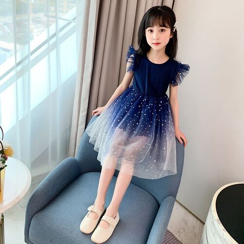 Girls summer new style 2024 western style starry sky gradient short-sleeved dress princess skirt tutu skirt children's skirt