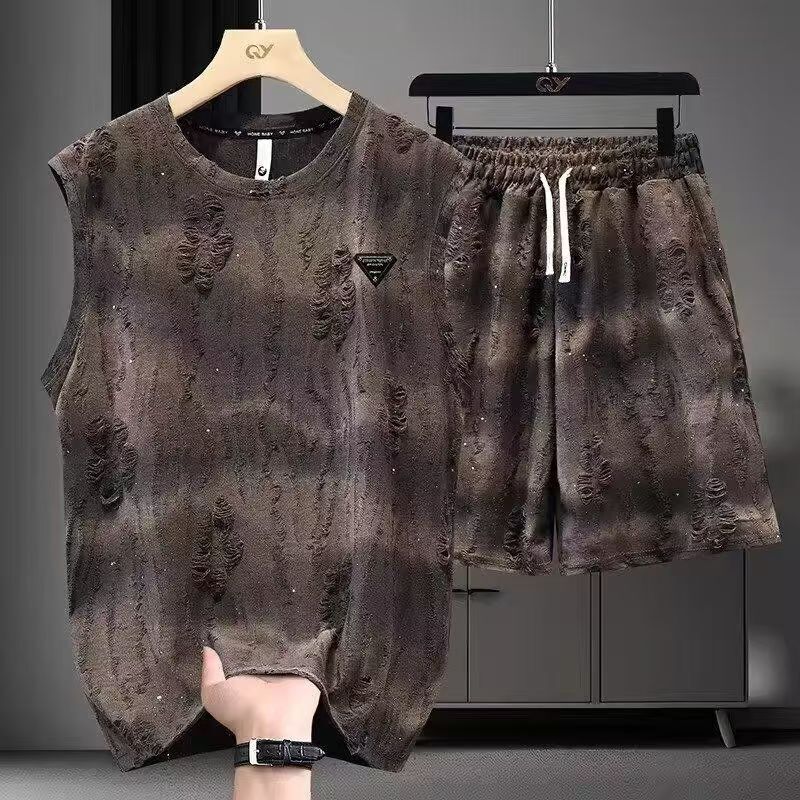 Trendy Ripped Vest Set 2025 New Style Baby's Breath Light Luxury Round Neck Top and Shorts Two-Piece Men's Outfit