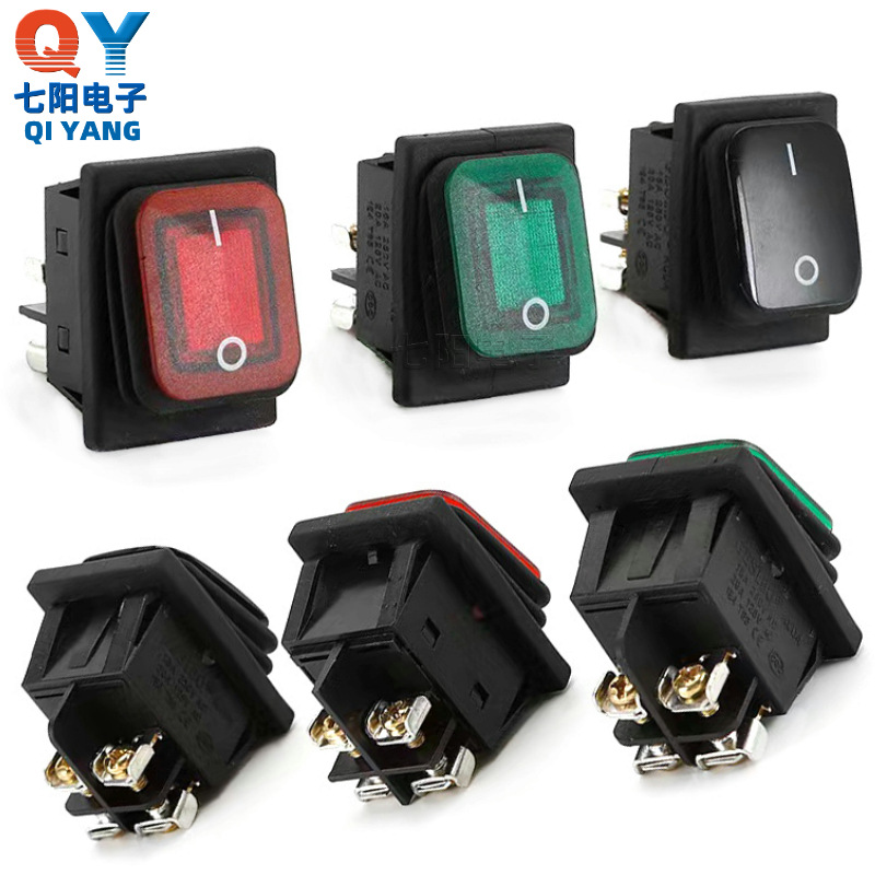 KCD4防水船型开关 4脚2档红色按钮带灯螺丝装配式大电流16A 30A