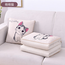 数码亚麻风格二合一抱枕被子两用沙发抱枕汽车 萌萌猫 40*40cm 1
