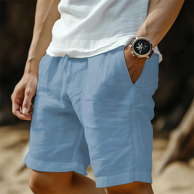 Short pour homme, taille élastique, cordon de serrage, coupe droite, couleur unie, respirant, pour la plage, cinq points, décontracté_voghion.com