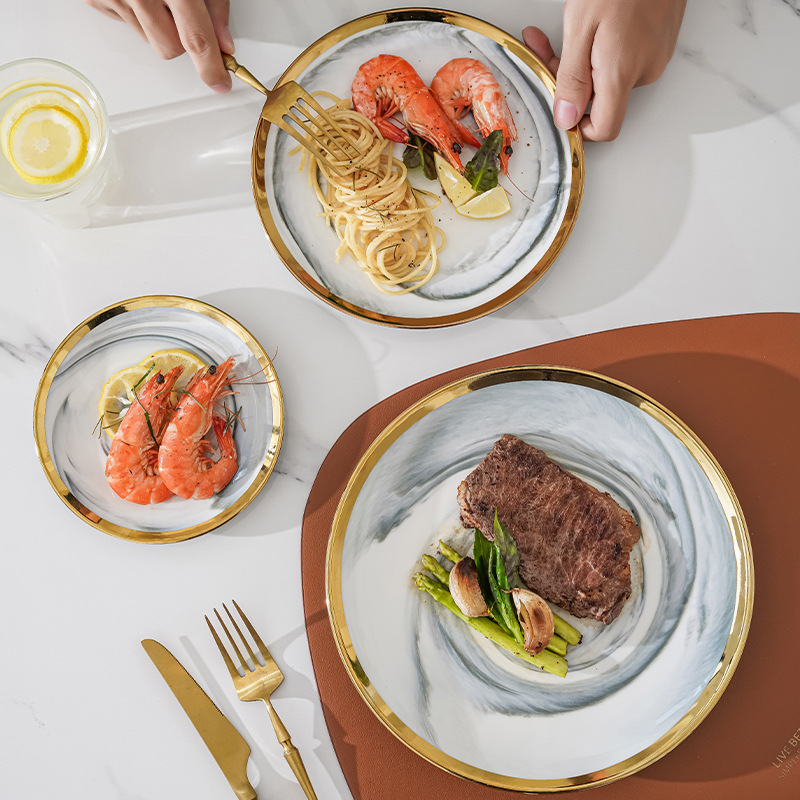 Nórdico creativo borde dorado cerámica marmolado placa Occidental Placa de pasta hogar Placa de filete Placa de postre Placa de oscilación