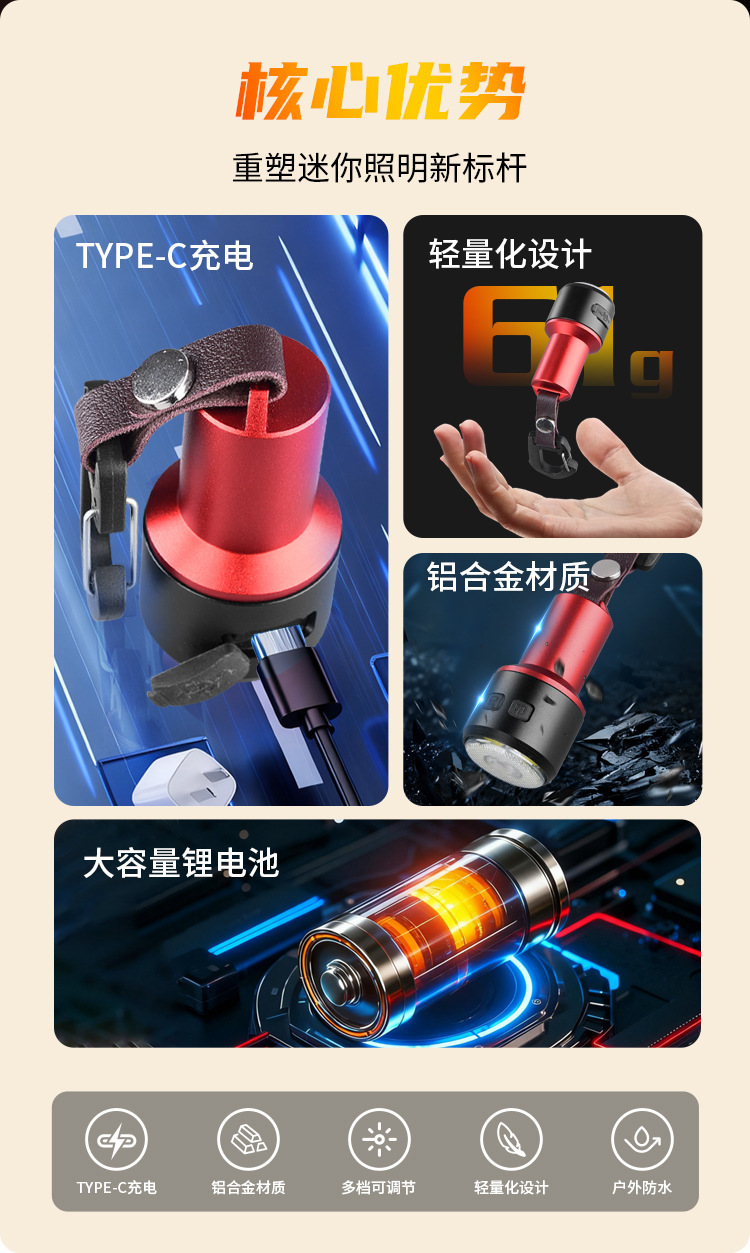 New mini flashlight with strong light and long battery life, outdoor rechargeable multifunctional work light, small portable keychain