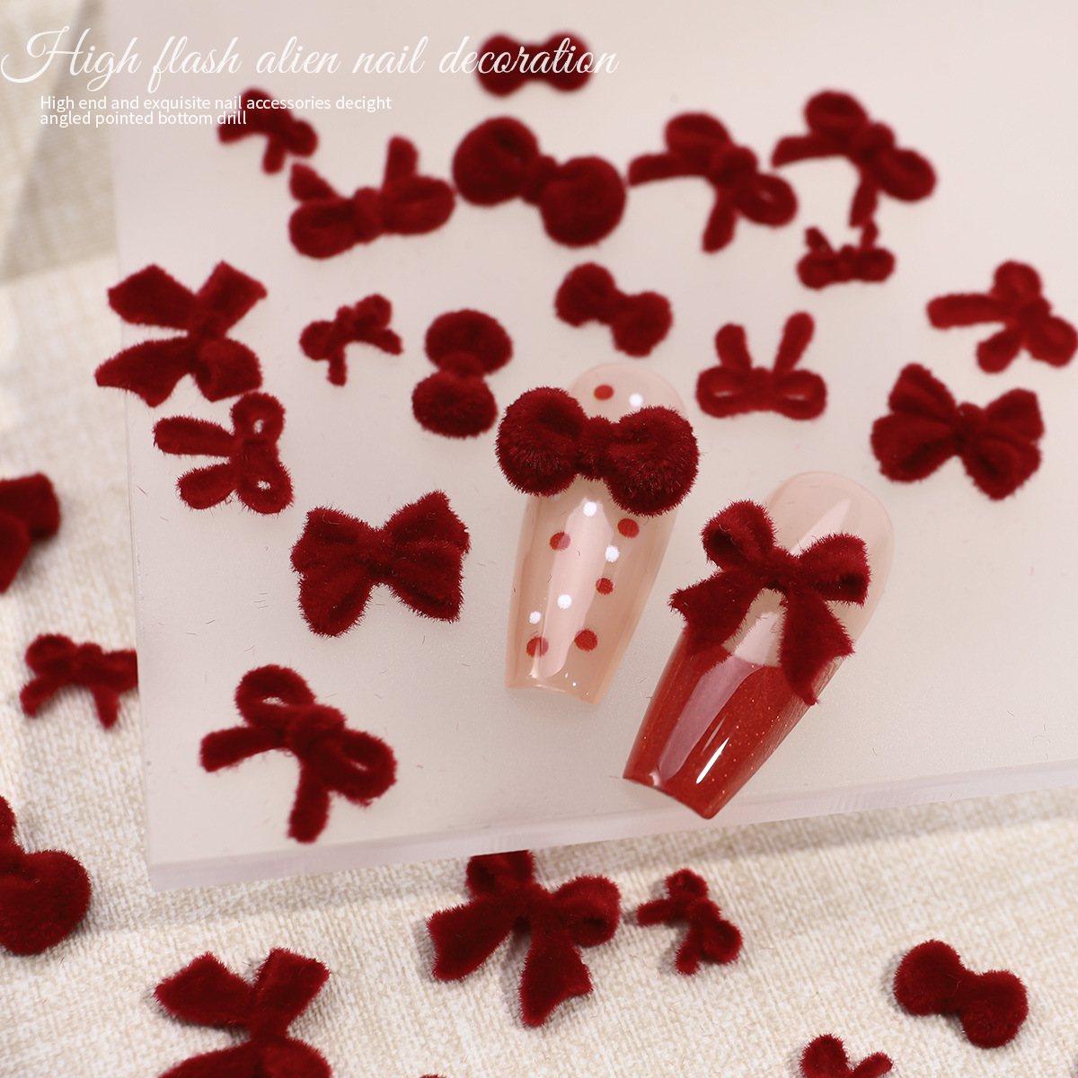 Explosiones de corbata flocado joyería de uñas rojo dulce vino rojo lana tridimensional arco de resina de uñas decoración