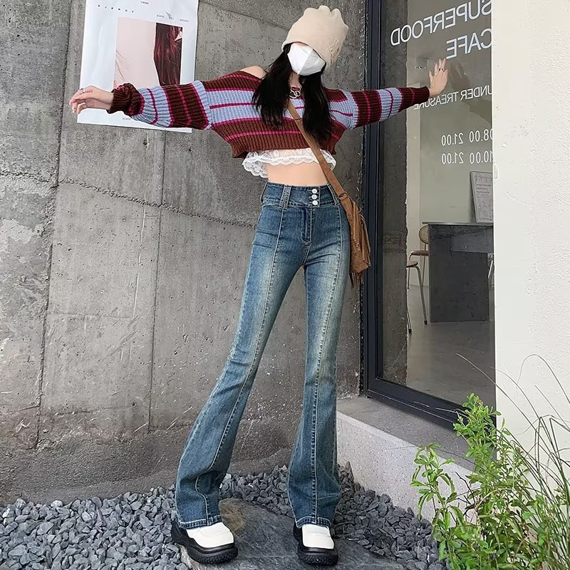 Retro Skinny American Jeans Women's Autumn Straight Small High-end Mop Micro-horn Pants Low-waisted Trousers