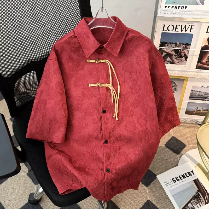 新中式国风唐装短袖衬衫2025年夏季男女提花盘扣中山装休闲外套潮