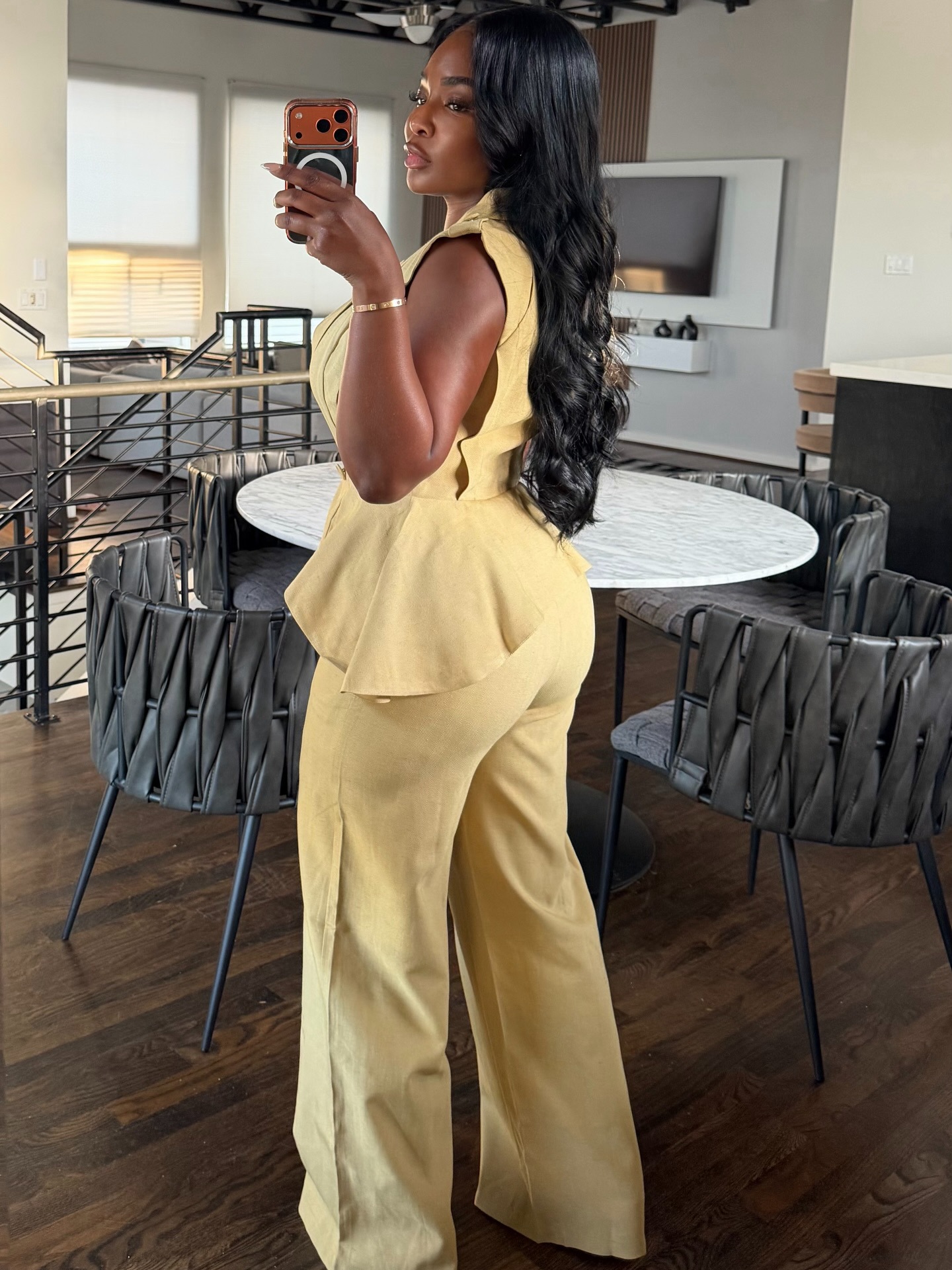 Women's Summer Fashion V Neck Button Up Ruffled Wide Leg Pants Set Solid Color American Style_ecoleips.com