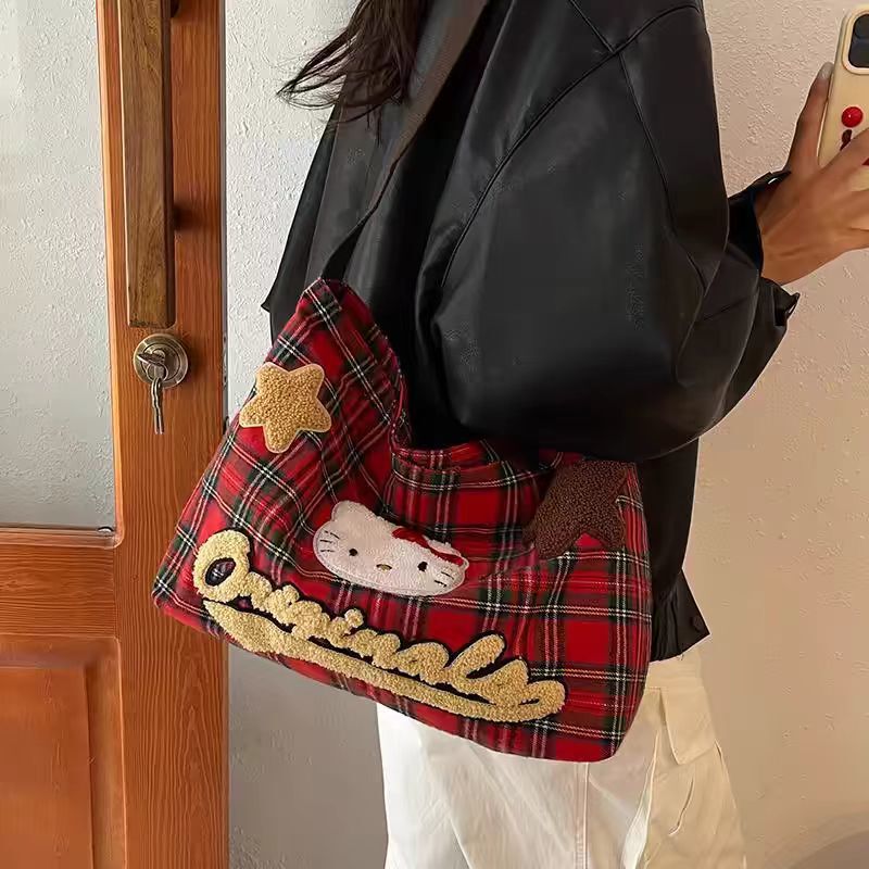 hellokitty大容量斜挎包女时尚可爱kt猫帆布包格子条纹通勤托特包|undefined