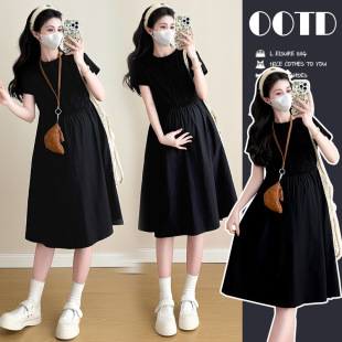 Maternity 2025 Summer New Arrival Small Fashionable Light Luxury Black Hepburn Style Loose plus size Pregnant Women dress