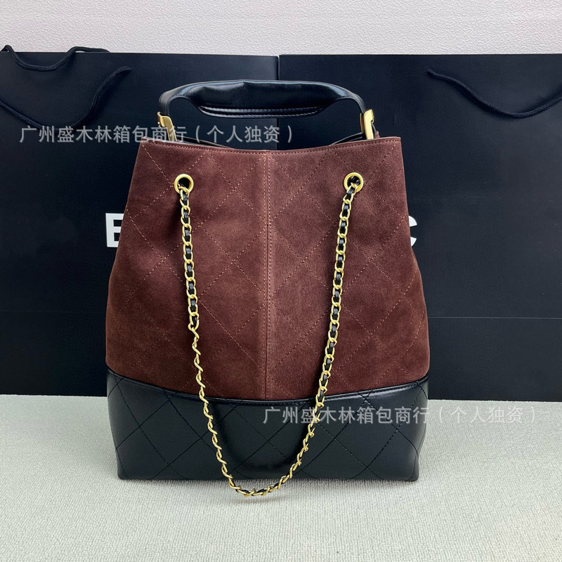 25A Xiaoxiangfeng スエードとレザーの菱形トートバッグ、レトロな大容量ポータブルショルダーバッグ、クロスボーダーレディースバッグ|undefined