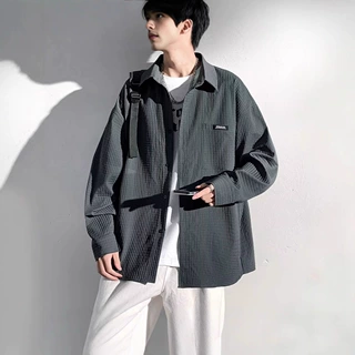 华夫格衬衫男款春秋季潮牌休闲外套痞帅高级感上衣服纯色长袖衬衣