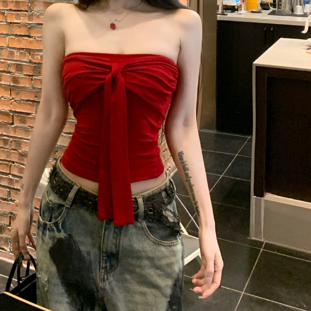 Топ-труба с галстуком-бабочкой для женщин летом, чистый сексуальный красный топ для милых девушек с обертыванием груди для верхней одежды