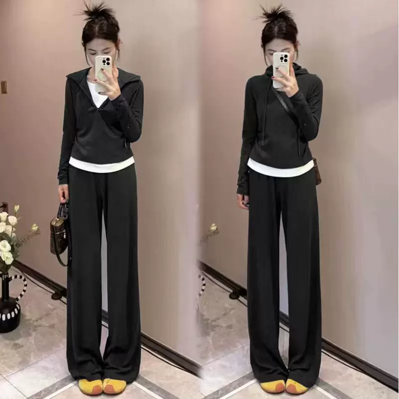 2025新款时尚女拼接连帽上衣半拉链休闲套装显瘦时尚裤子两件套女