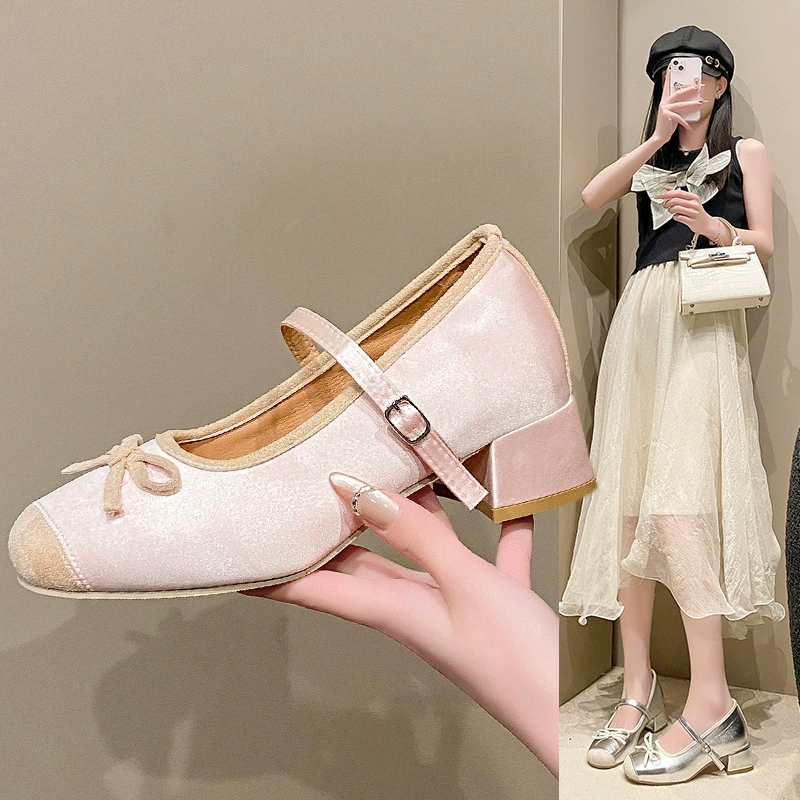Розовый французский балет стиль толстые туфли на каблуке женские 2025 новый рост с юбкой Бабочка Мэри Джейн на высоких каблуках