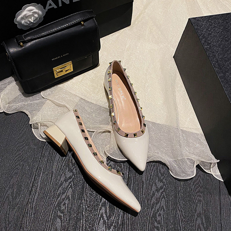 Single shoe women's 2024 new  rivet shoes pointed toe shallow mouth thick heel black Liuding commuting women's shoes