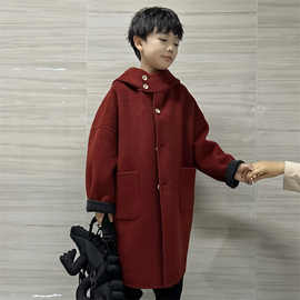 男童帅气双面毛呢保暖黑色大衣2024冬新款中童大拜年服中长款外套