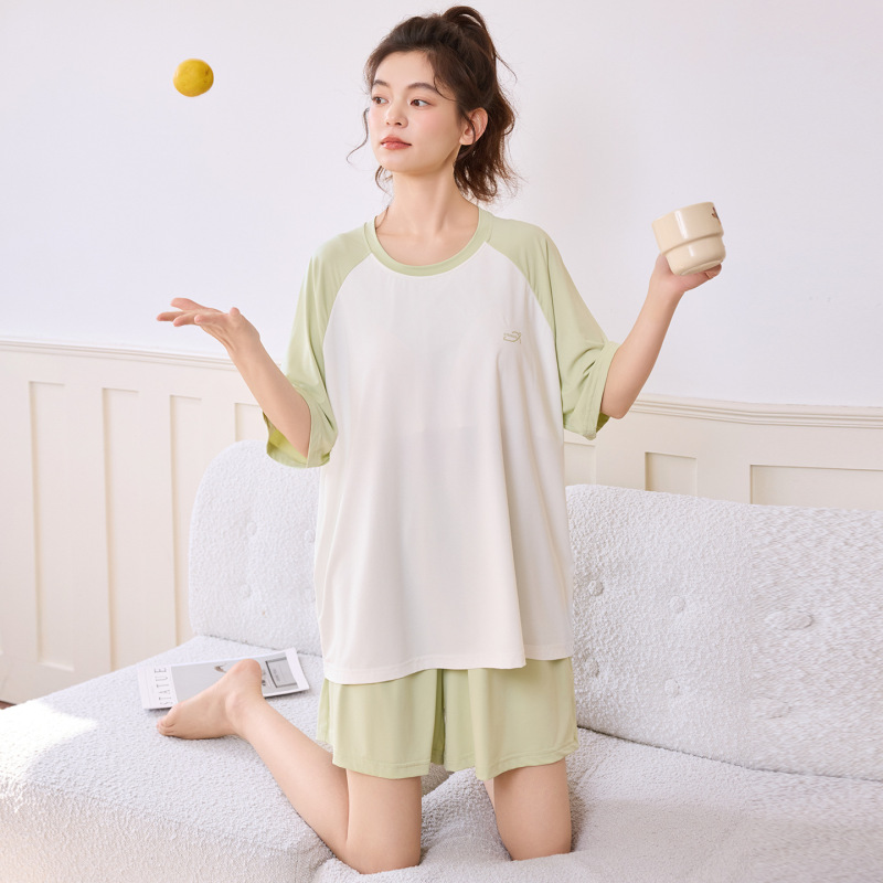 2026 Spring and Summer New High-Elastic Nylon Suit Short-Sleeved Shorts with Chest Pads and Color-Blocked Round-Neck Home Wear Set