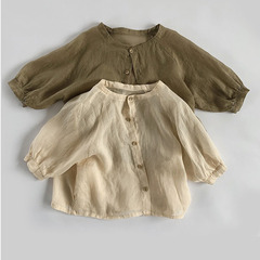 兒童防曬衣夏季棉麻襯衫韓版透氣薄款空調衫苧麻襯衣男女小童開衫