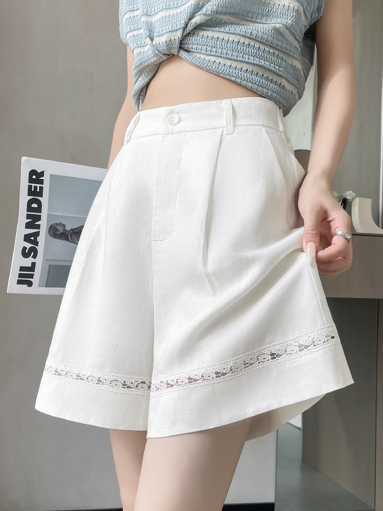 Quần short vải lanh nữ cạp cao ống rộng dáng chữ A — Xanh lông mòng đen