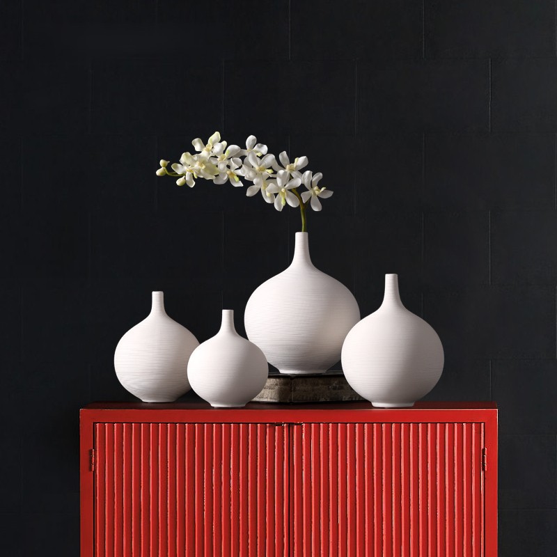 Jarrón de cerámica blanca nórdica boca fina decoración redonda sala de estar arreglo de flores decoración de flores secas estilo silencioso decoración del arte