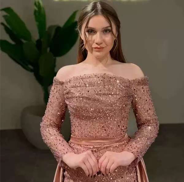 Amazon Cross-Border Ball Evening Dress New Sequined One-Shoulder Long-Sleeved Slim Fishtail Slimming Small Tail Long Skirt