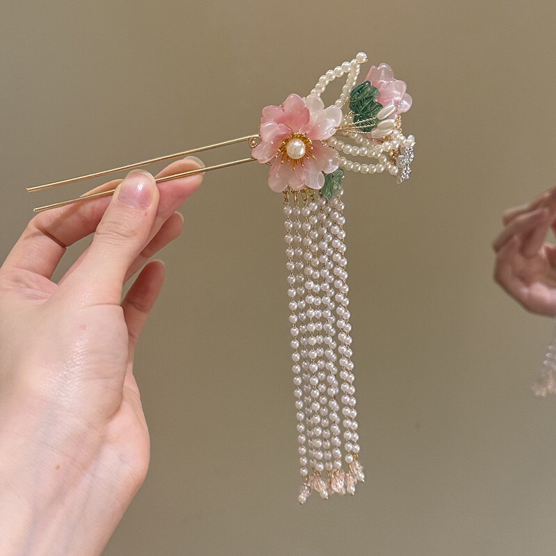 恰逢江南~新中式簪花绢花发钗流苏发簪子古典头饰汉服旗袍头饰女|undefined