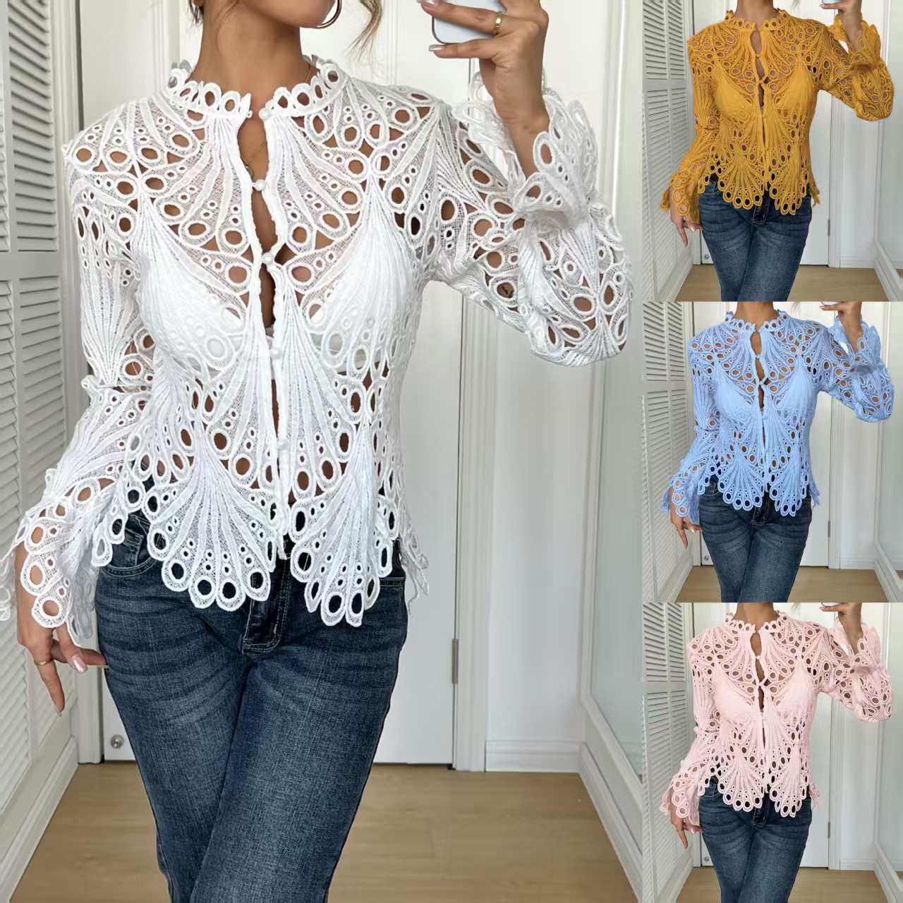 2025 Autumn European and American Cross-Border Women's Ebay Ripped Sexy Bell Sleeve Breathable Knitted Lace Women's Top