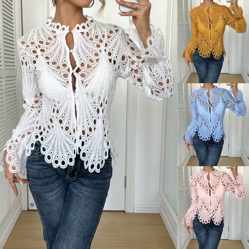 2025 Autumn European and American Cross-Border Women's Ebay Ripped Sexy Bell Sleeve Breathable Knitted Lace Women's Top 2025 Autumn European and American Cross-Border Women's Ebay Ripped Sexy Bell Sleeve Breathable Knitted Lace Women's Top