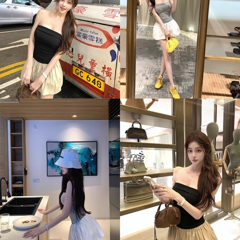 Han Yujia m1u25 ショーコントラストカラーステッチニットチューブトップスカート内蔵胸パッドとランタンレギンス|undefined