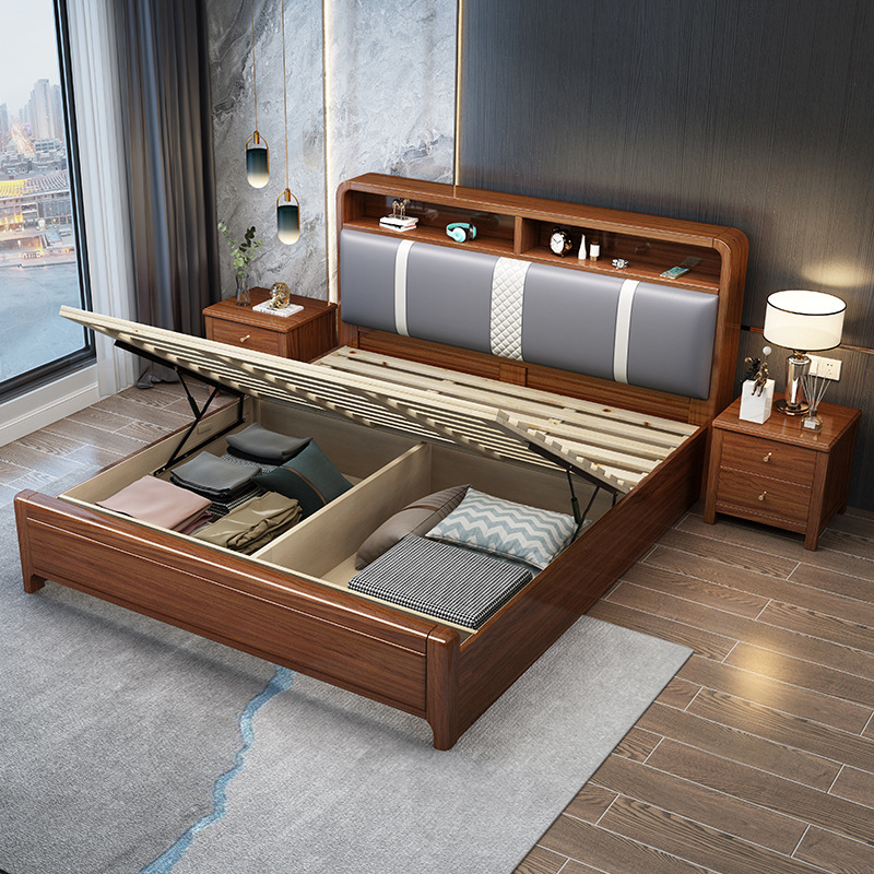Nogal cama de madera maciza 1,8 metros cama doble 1,5 metros de almacenamiento cama bolsa suave moderno Nuevo chino boda muebles de cama