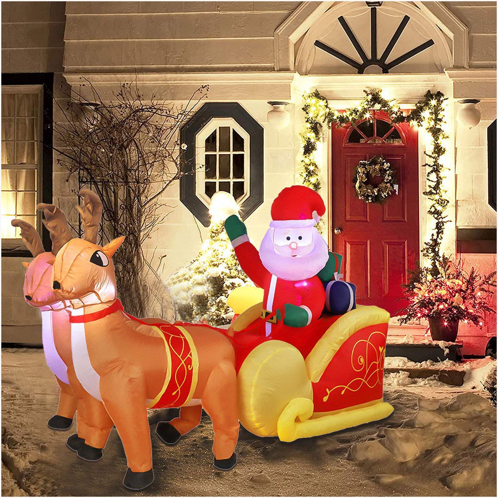 Venta al por mayor doble alce tire Santa Claus inflable modelo inflable decoración de Navidad alce tire trineo Santa Claus modelo inflable