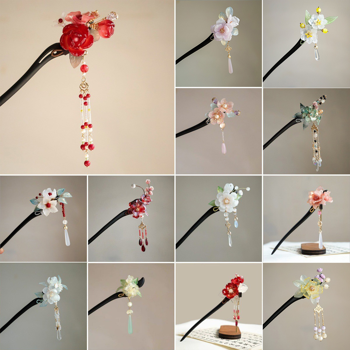 黑檀木双面发簪琉璃花朵新中式古风女高级感盘发日常发钗新款簪子