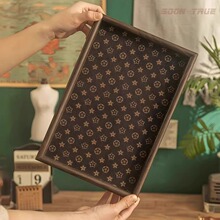 茶盘托盘中古复古长方形桌面首饰摆件钥匙玄关收纳盒轻奢皮革家用
