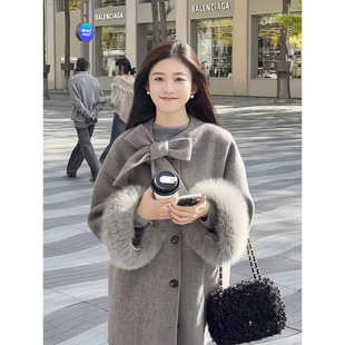 Hepburn Korean Style Retro Woolen Coat Women's Winter Fashionable Age-reducing Sweet Girly Bowknot Woolen Coat