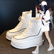 马丁靴女2025秋冬新款厚底中筒靴增高袜子鞋白鞋百搭松糕底韩版