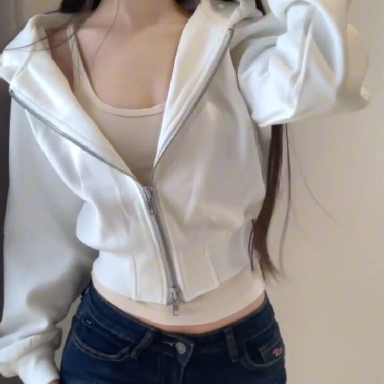 American Style Hot Girl Short White Cardigan Sweatshirt Women's Spring and Autumn Double Zipper Design Pure Desire Style Waisted Hooded Jacket American Style Hot Girl Short White Cardigan Sweatshirt Women's Spring and Autumn Double Zipper Design Pure Desire Style Waisted Hooded Jacket