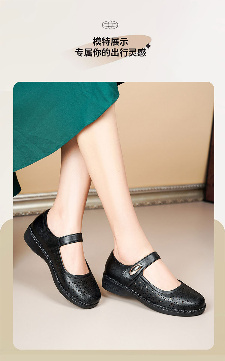 Sandal nữ da thật gót thấp quai chữ V đế mềm — Màu đen chi tiết 14