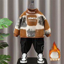 男童加绒套装秋冬装2024新款宝宝一体绒儿童痞帅冬季两件套潮