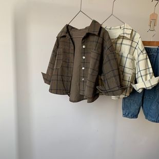 Gl-Kids Autum New Product Corduroy Plaid Long-Sleeved Shirt for Boys and Girls Kidsren's Retro Style Casual Top Korean