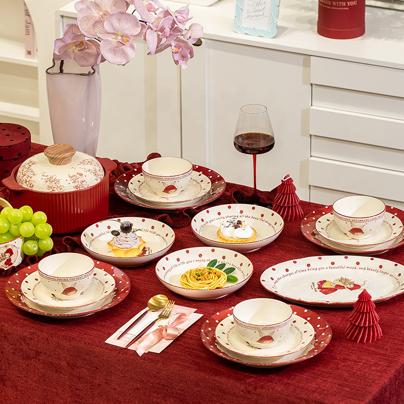 Kangmo Ceramic Tableware Set Red Wedding Dishes, Plates and Chopsticks Full Set for Moving into a New Home with Good Looks